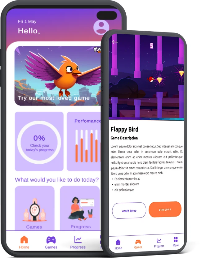 Historical MoveMate interface design concept showing game selection and a Flappy Bird page